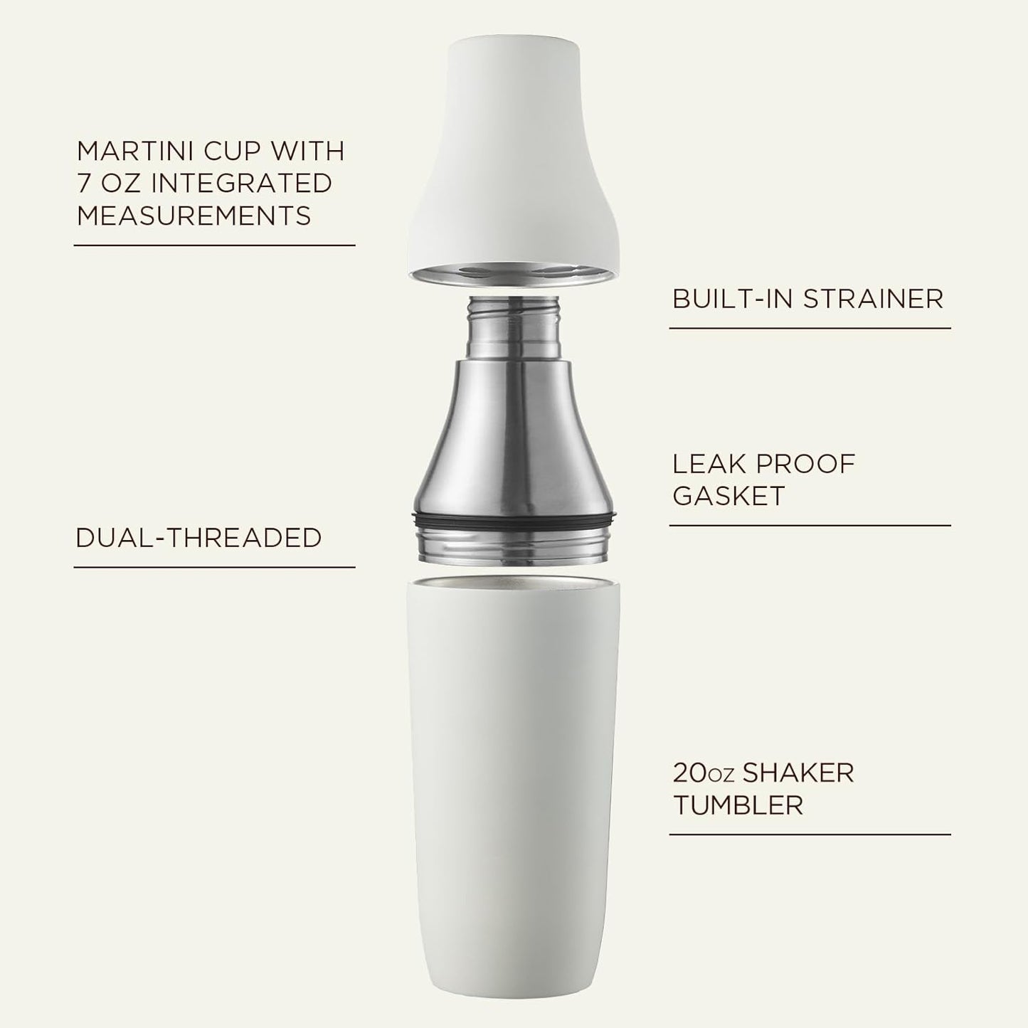 Kitessensu Hybrid Cocktail Shaker | Vacuum Insulated Stainless Steel Martini Shaker with Double Wall Martini Cup | Integrated Measuring System | Tumbler Lid & Cocktail Recipes Included | Cream