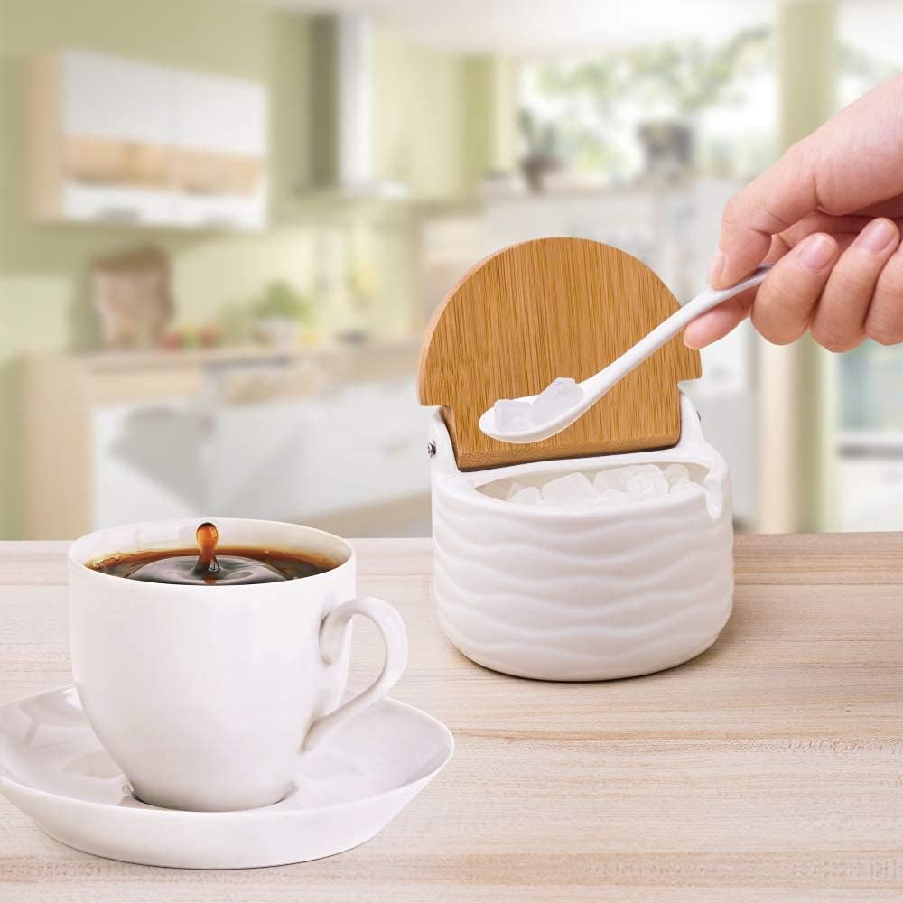 Ceramic Sugar Salt Bowl with Bamboo Lid and Spoon, LUCKY GODDNESS 9.1 fl oz Porcelain Container Jar for Pepper with Chalkboard Label, for Housewarming