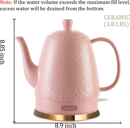 1.2 Liters Ceramic Electric Kettle Pot, Boil Water Quickly and Easily with Boil-Dry Protection, Auto Shut Off, Detachable Swivel Base, Graceful Gooseneck Teapot 1000W, Pink
