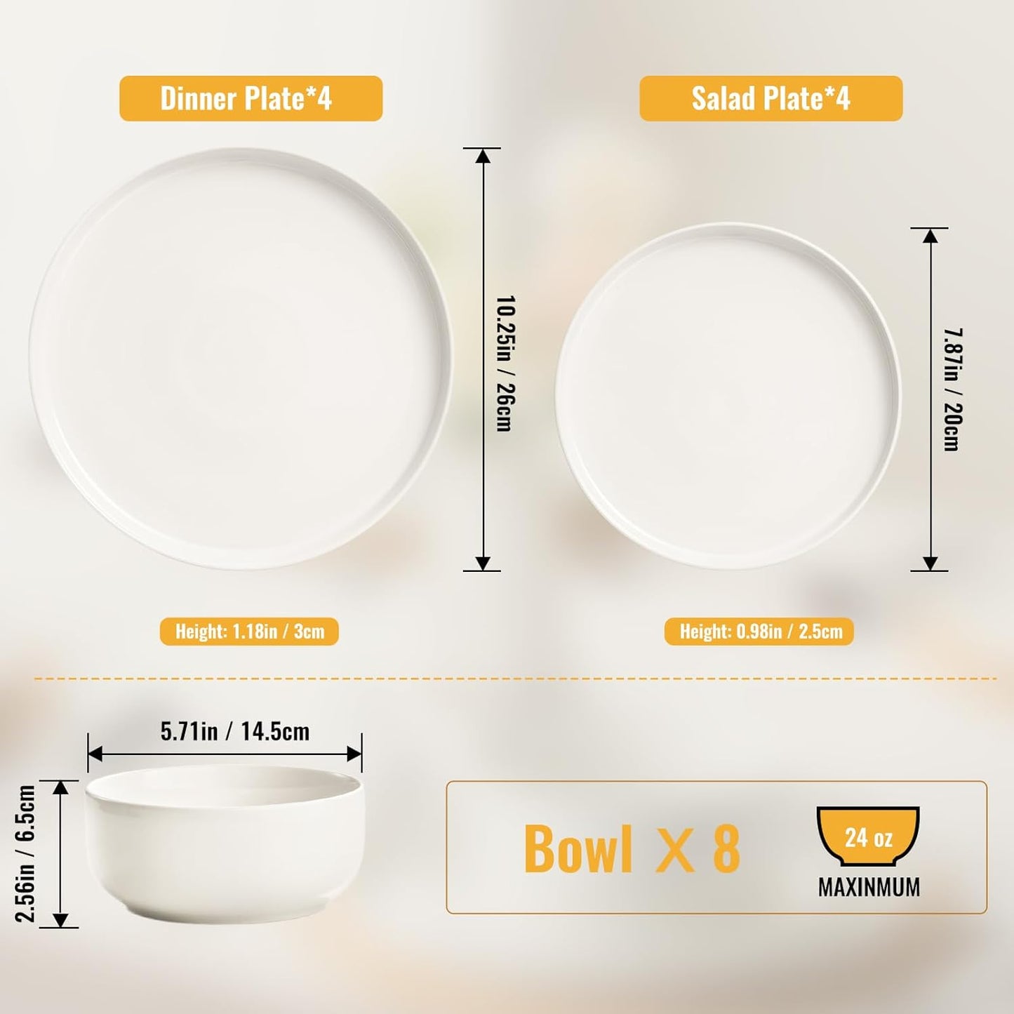 EWFEN Plates and Bowls Sets, 24 Pieces Stoneware Dinnerware Set for 8, Ceramic Dishware Dishes Set, Scratch Resistant Dishes Set, Dishwasher & Microwave Safe