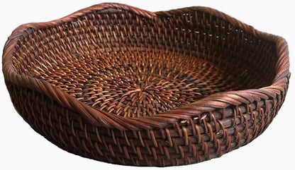 Handmade Rattan Round Fruit Basket Food Storage Bowls Kitchen Organizer Snack Serving Bowl 9 Inch Wavy Edge Circle Tray Basket with 2” Deep Wall, Dark Brown Décor Display Tray Bowl, S