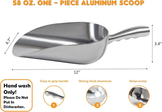 Cast Aluminum Utility Scoop - 58 oz. - Round Bottom, ice scoop For Multi-Purpose Use, With Finger Groove Handle (58 oz.)
