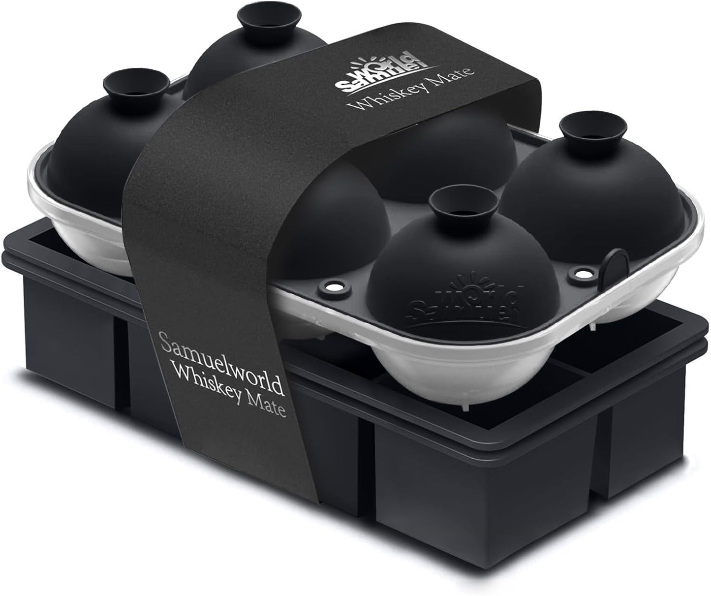 Samuelworld Premium Ice Tray Combo (16 Ice Cubes/6 Ice Ball), Large Ice Sphere Maker & New Upgraded Ice Cube Trays, Food Grade, Spill-Free Integrated Funnels, Whiskey Bourbon Cocktails, Black