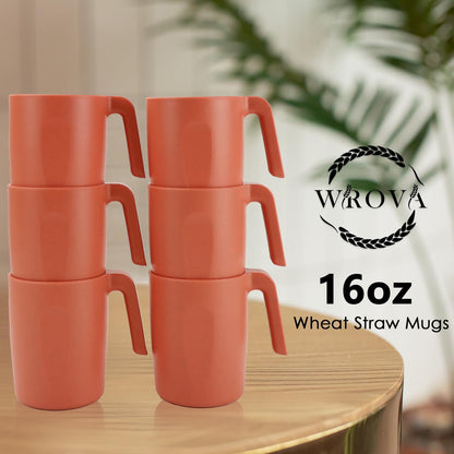 Wrova 16oz Wheat Straw Cups with handles set of 6-Plastic Cups Reusable-Unbreakable Kids Mugs-Dishwasher Safe & Microwave Safe-Ideal Plastic Mugs for Tea,Coffee,Camping,RV-Orange