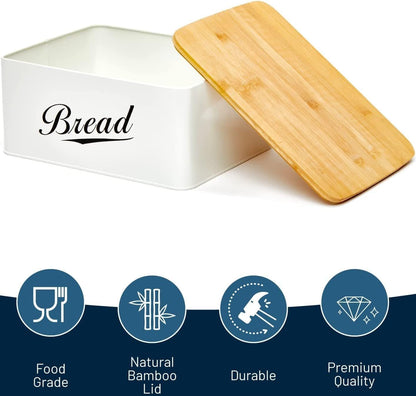 RoyalHouse Modern Metal Bread Box with Bamboo Cutting Board Lid, (Pack of 2) Total 2 Bread Box, Bread Storage Container for Kitchen Counter, Vintage Kitchen Decor Organizer