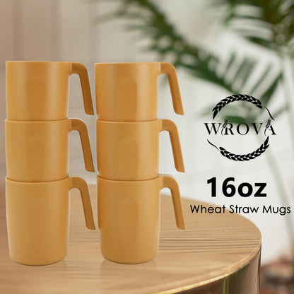 Wrova 16oz Wheat Straw Cups with handles set of 6-Plastic Cups Reusable-Unbreakable Kids Mugs-Dishwasher Safe & Microwave Safe-Ideal Mugs for Tea,Coffee,Camping,RV-Banana Yellow