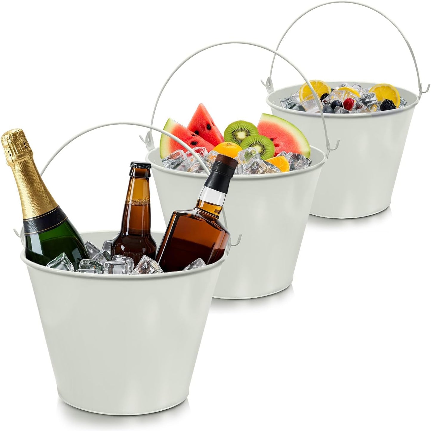 PLEXON Galvanized Metal Ice Bucket for Parties Coctail Bar Restaurant - Drink Beer Champagne Metal Pail Bucket with Handle, Beverage Chiller Cooler Small 1.3 Gallon, Off-White, Set of 3