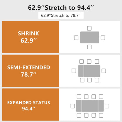 62.9"-94.4" Modern Extendable Dining Table for 6 to 10 Seats, Rectangular Sintered Stone Table with High Hardness and Easy Maintenance for Dining Room Family Gathering, Black Top