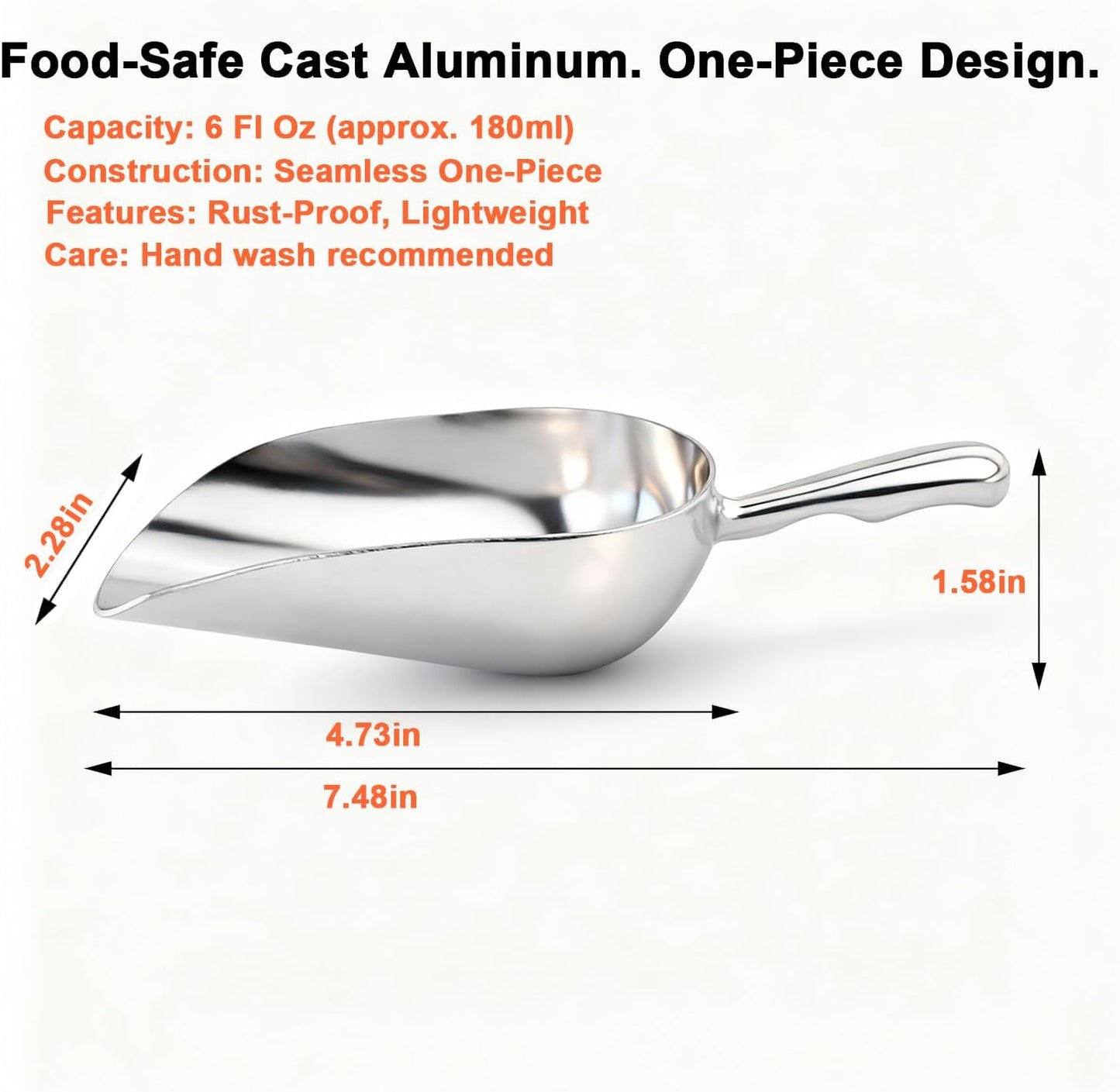 6 OZ Cast Aluminum Utility Scoop, One-Piece Solid Ice Scoop for Ice Bucket, Bar, Kitchen, Multipurpose Food Scooper for Flour, Sugar, Popcorn, Dog Food (Silver) (6OZ)