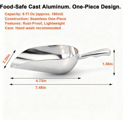 6 OZ Cast Aluminum Utility Scoop, One-Piece Solid Ice Scoop for Ice Bucket, Bar, Kitchen, Multipurpose Food Scooper for Flour, Sugar, Popcorn, Dog Food (Silver) (6OZ)