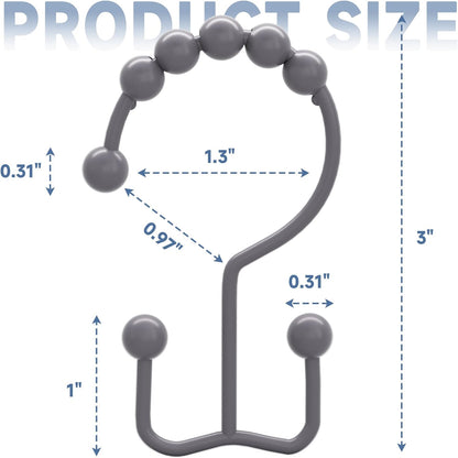 Titanker Shower Curtain Hooks Rings, Rust-Resistant Metal Double Glide Shower Hooks for Bathroom Shower Rods Curtains, Set of 12 Hooks - Neutral Gray