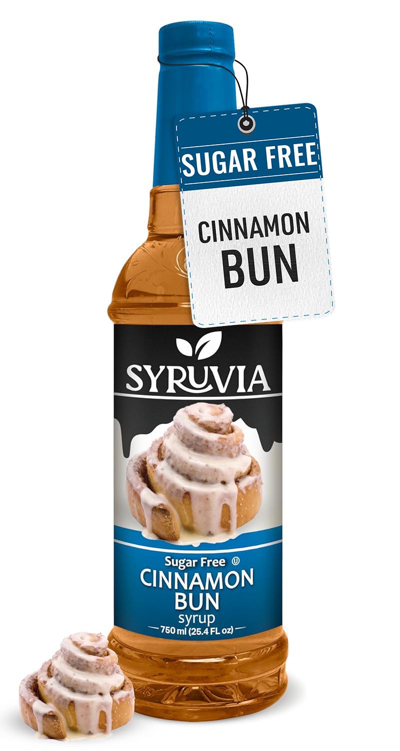 Syruvia Sugar Free Coffee Syrup, Cinnamon Bun Flavored Syrup for Drinks, Lattes, and Desserts – 25.4 fl oz