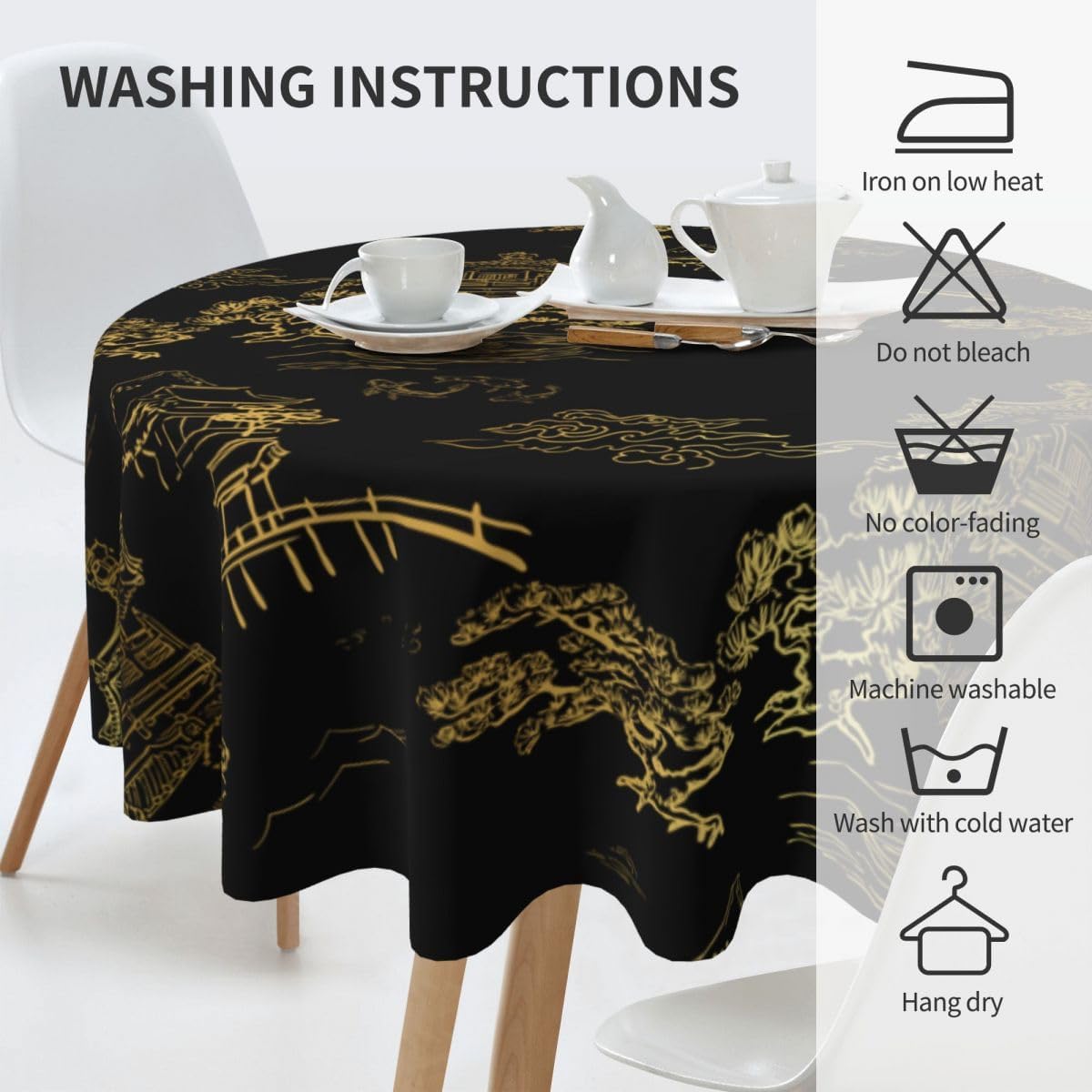 Japanese Tablecloth, Black Golden Traditioanal Chinese Landscape Oriental Vintage Water Resisitant Wipeable Table Cover for Dining Kitchen Living Room Home Party Holiday Decor 70 inch Round