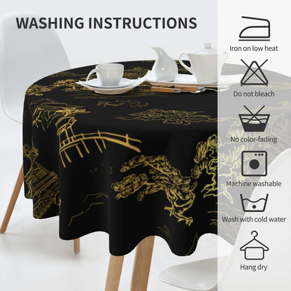 Japanese Tablecloth, Black Golden Traditioanal Chinese Landscape Oriental Vintage Water Resisitant Wipeable Table Cover for Dining Kitchen Living Room Home Party Holiday Decor 70 inch Round