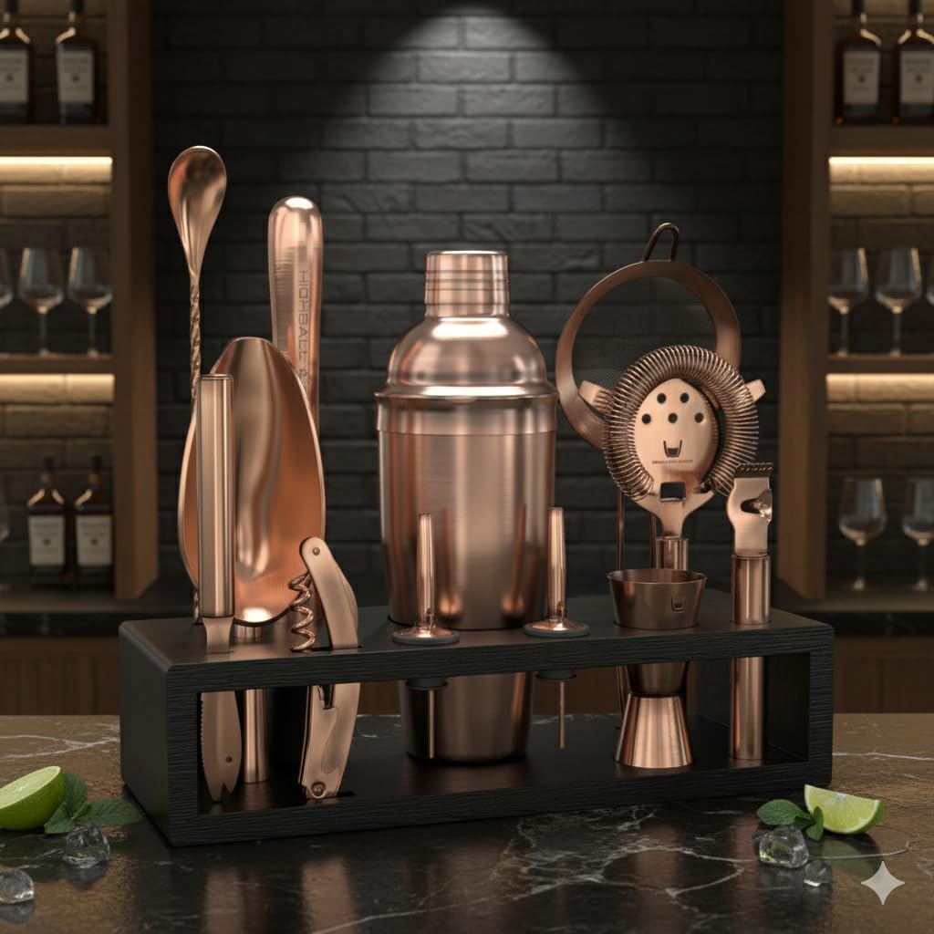 Highball & Chaser 13-Piece Cobbler Cocktail Shaker Set Matte Copper Stainless Steel Bartender Kit For Home Bar Cocktail Set Laser Engraved Cocktail Tools Plus E-Book with 30 Different Cocktail Recipes
