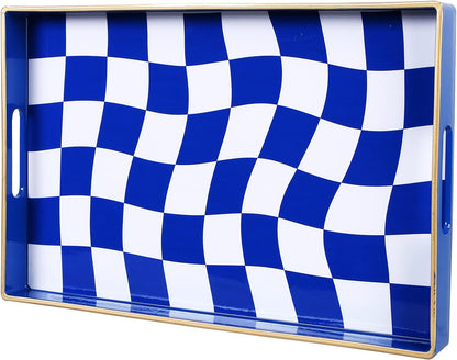 Zosenley Decorative Tray, Marbling Plastic Tray with Handles, Rectangular Vanity Tray and Serving Tray for Bathroom, Kitchen, Ottoman Tray and Coffee Table, 15.6" x 10.2" (Blue and White Checkered)