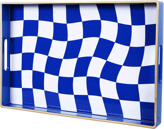 Zosenley Decorative Tray, Marbling Plastic Tray with Handles, Rectangular Vanity Tray and Serving Tray for Bathroom, Kitchen, Ottoman Tray and Coffee Table, 15.6" x 10.2" (Blue and White Checkered)