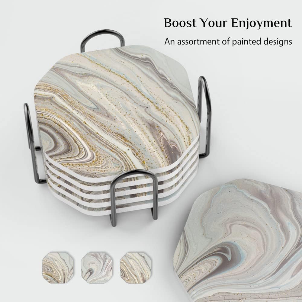 UMIRRO Ceramic Stone Coasters for Drinks Absorbent with Holder for Wooden Coffee Table, Stoneware Cup Coasters for Iced Cold or Hot Drinks, Moisture Socking, Marble Style, 4", Colorful, Gold, 6-Piece