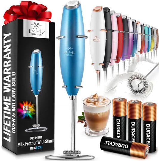 Zulay Kitchen Powerful Milk Frother Wand With 4 AA Duracell Batteries - Ultra Fast Handheld Drink Mixer - Electric Whisk Foam Maker for Coffee, Lattes, Cappuccino, Matcha & Creamer
