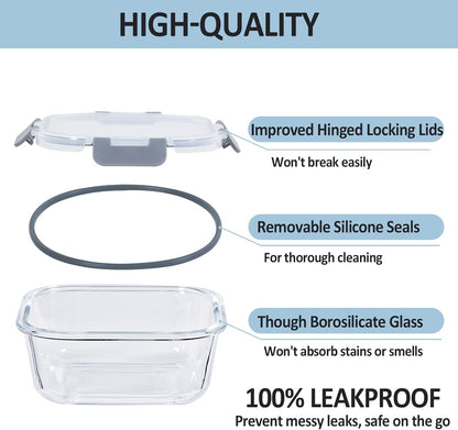 Glass Food Storage Containers with Lids, 4 Pack, Airtight, Leak Proof, BPA Free, Oven/Dishwasher Safe, Grey