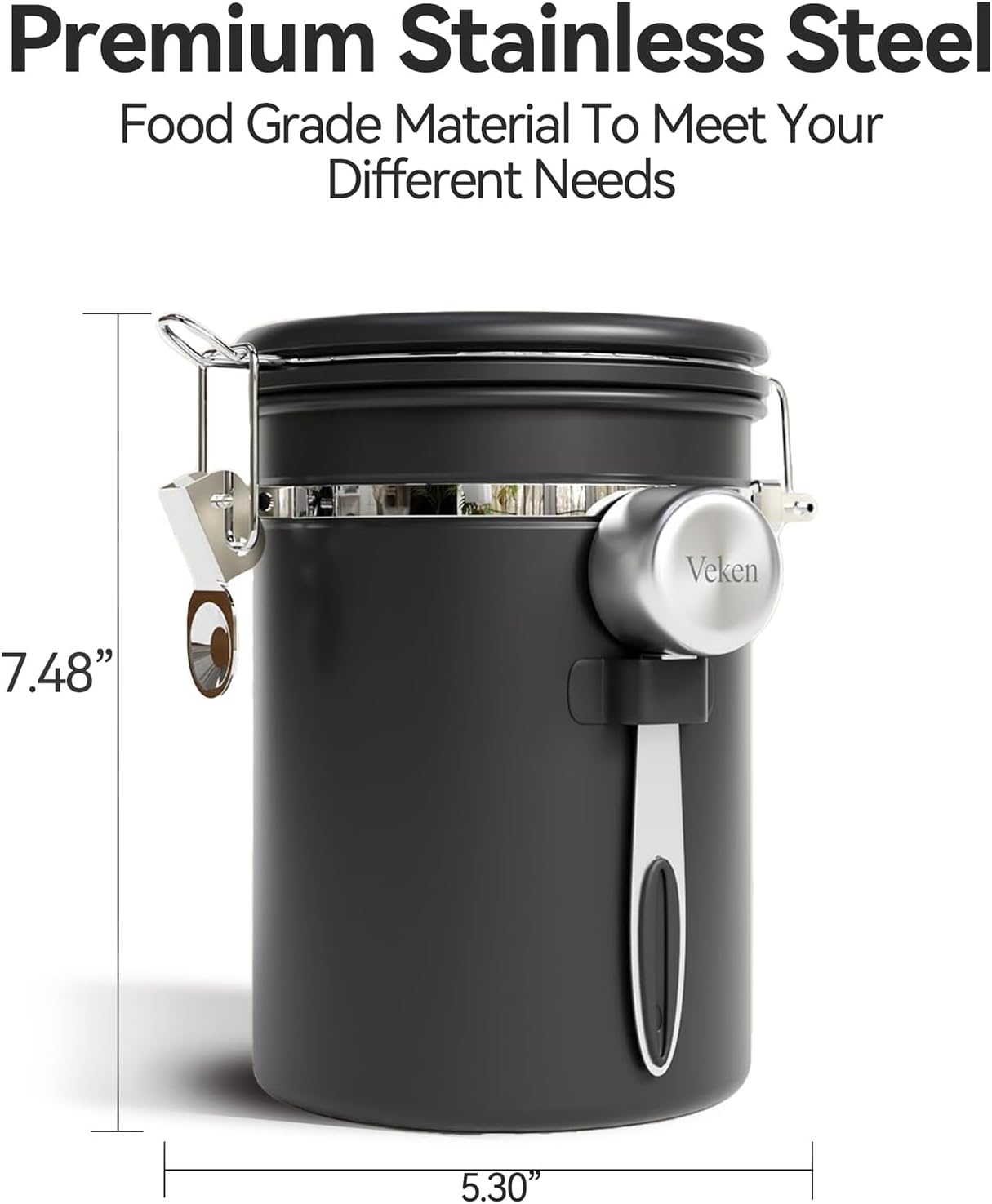 Veken Coffee Canister with Window,Airtight Stainless Steel Pantry Container,Home Kitchen Food Storage Organizers for Ground,Beans,Espresso,Rice,Tea,Sugar,Cereal, Flour,Bar Accessories,Gifts,22OZ,Black