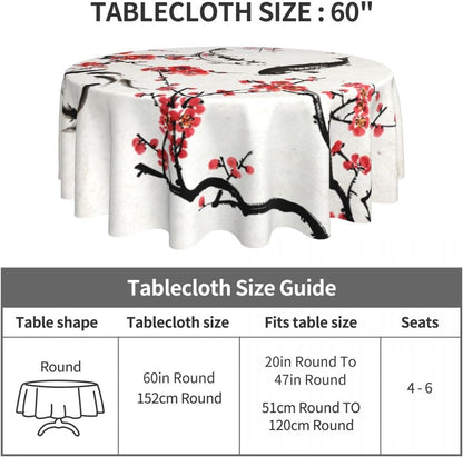 Cherry Blossom Tablecloth, Traditioanal Chinese Oriental Koi Vintage Asian Style Water Resisitant Wipeable Table Cover for Dining Kitchen Living Room Home Party Holiday Decor 70 inch Round