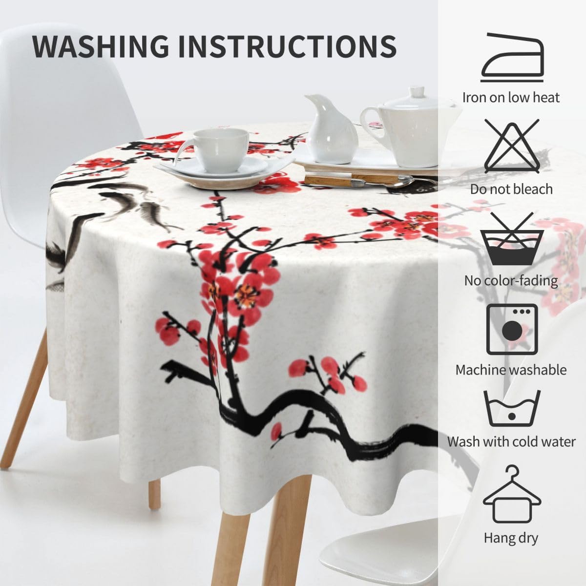 Cherry Blossom Tablecloth, Traditioanal Chinese Oriental Koi Vintage Asian Style Water Resisitant Wipeable Table Cover for Dining Kitchen Living Room Home Party Holiday Decor 70 inch Round