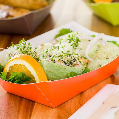 Restaurantware Bio Tek 1 Pound Food Boats 50 Disposable Paper Food Trays - Heavy-Duty Greaseproof Orange Paper Food Boats For Snacks Appetizers Or Treats Use At Parties Or Carnivals