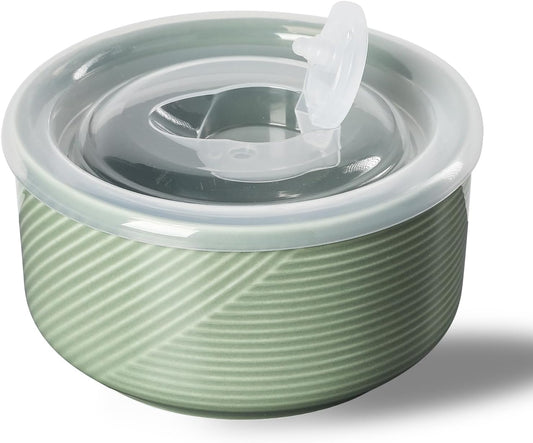 Ceramic Bowl with Lid: 20 oz Microwave Safe Food Storage Container for Soup, Salad, Cereal, Leftovers, Meal Prep, Lunch, Picnic, Camping, Serving - Airtight, Green, 1 PCS