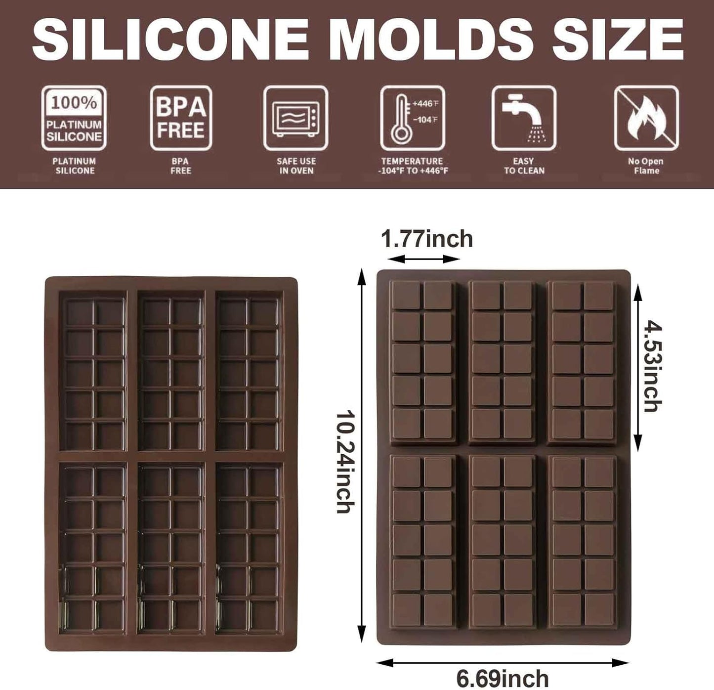 2Pcs Non Stick Chocolate Mold, Food Grade Silicone Chocolate Block Mold, Suitable For Dubai Chocolate Bars, Pistachios, Candies