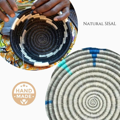 Handwoven African Basket Handmade sisal Fruit Bowl Wall Hanging decorative Baskets for Home Living Room Kitchen Centerpiece Zen Designs Arts and Crafts (Teal Slate Black, 10in diameter)