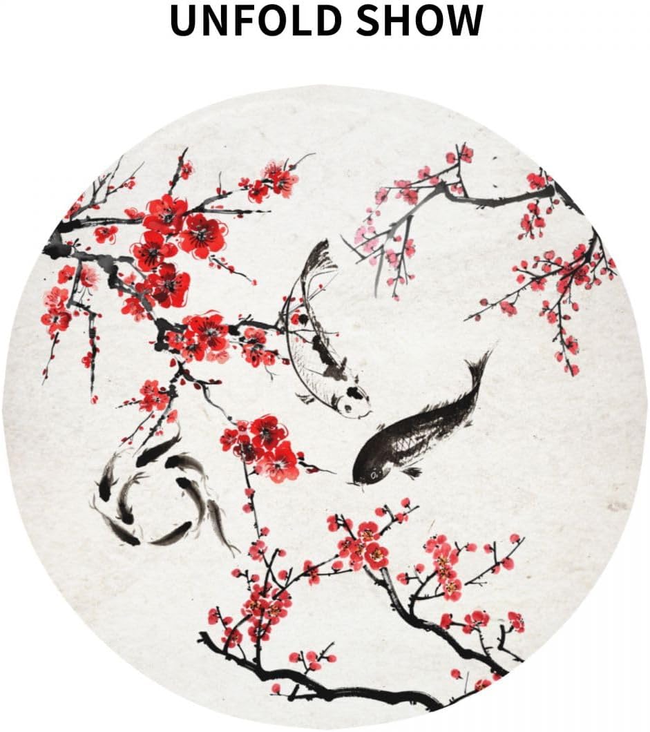 Cherry Blossom Tablecloth, Traditioanal Chinese Oriental Koi Vintage Asian Style Water Resisitant Wipeable Table Cover for Dining Kitchen Living Room Home Party Holiday Decor 70 inch Round