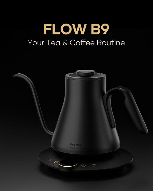 Cocinare FLOW B9 Gooseneck Electric Kettle, Precise Temperature Control for Pour-Over Coffee & Tea Brewing, Stainless Steel Interior, Rapid Heating for Boiling Water, 1500W/0.9L (Matte Black)