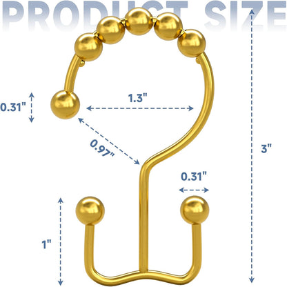 Titanker Shower Curtain Hooks Rings Gold, Metal Double Glide Shower Hooks Rings for Bathroom Shower Rods Curtains, Set of 12 Hooks - Dark Gold