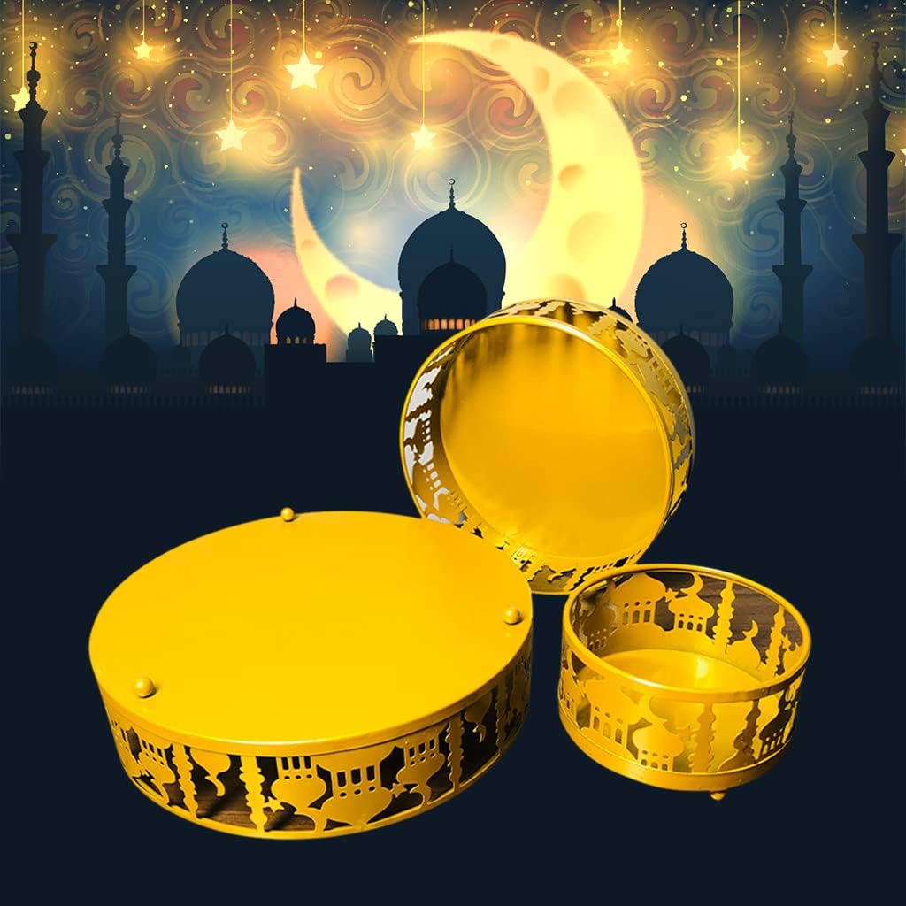 3PCS Ramadan Decoration Ramadan Trays, Ramadan Decor Metal Moon Ramadan Tray Set Eid Mubarak Plates Food Storage Containers Round Dinner Plate for Eid and Eid Al-adha Ramadan Activity Party Favor