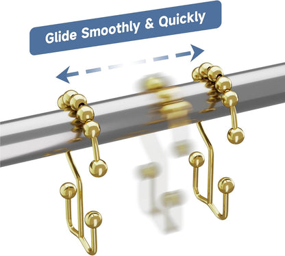 Titanker Gold Shower Curtain Hooks Rings, Rust-Resistant Metal Double Glide Shower Hooks Rings for Bathroom Shower Curtains Rods, Set of 12 Hooks - Light Gold