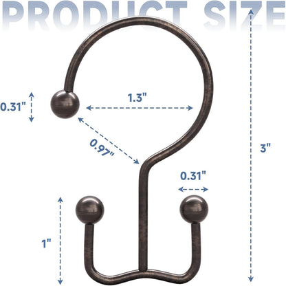 Titanker Shower Curtain Hooks Bronze, Minimalist Simple Double Glide Shower Curtain Rings, Rust Proof Metal Shower Hooks Rings for Bathroom Shower Rods Curtains, Set of 12 Hooks