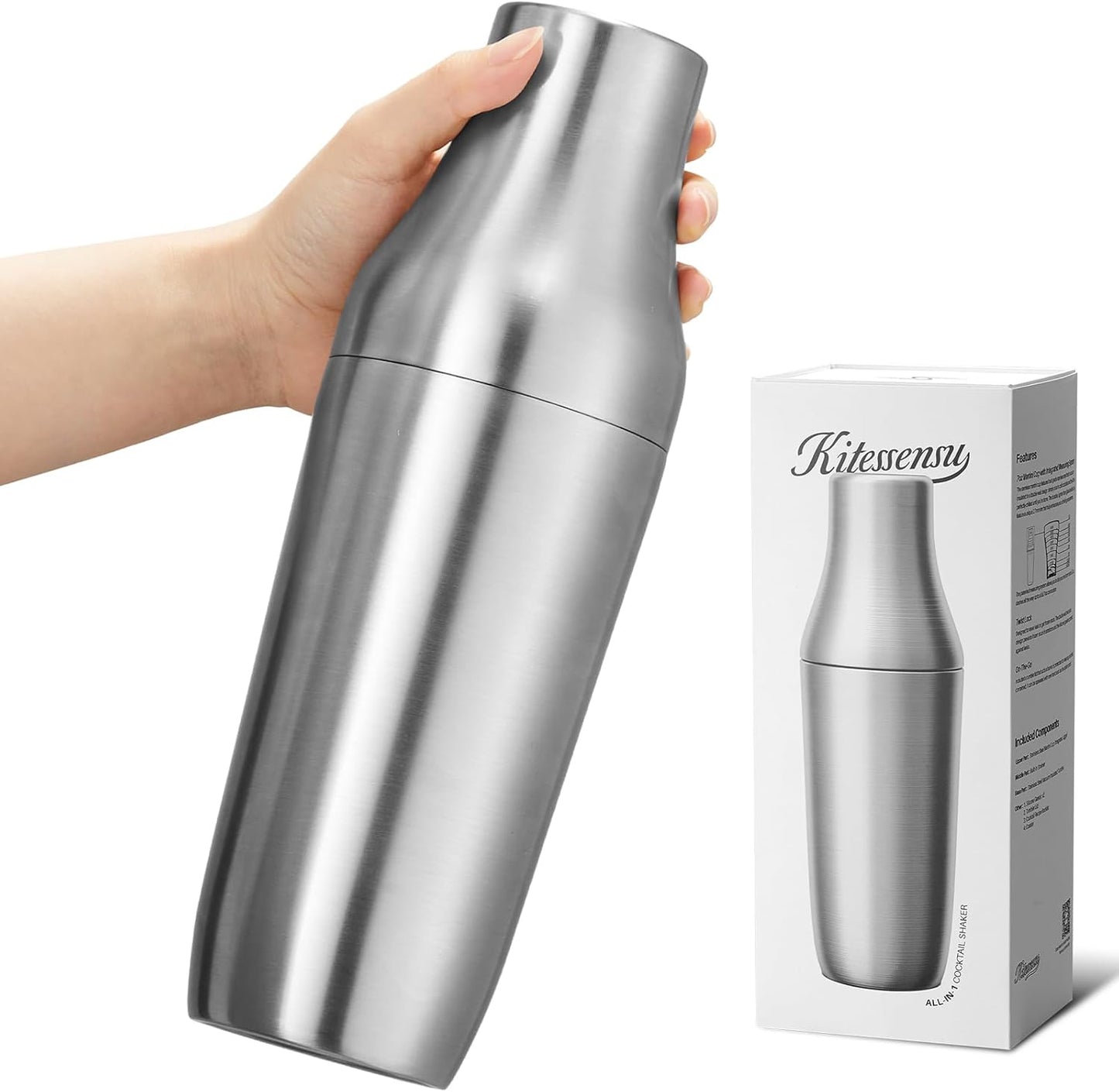 Kitessensu Hybrid Cocktail Shaker | Vacuum Insulated Stainless Steel Martini Shaker with Double Wall Martini Cup | Integrated Measuring System | Tumbler Lid & Cocktail Recipes Included | Silver