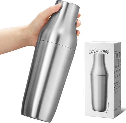 Kitessensu Hybrid Cocktail Shaker | Vacuum Insulated Stainless Steel Martini Shaker with Double Wall Martini Cup | Integrated Measuring System | Tumbler Lid & Cocktail Recipes Included | Silver
