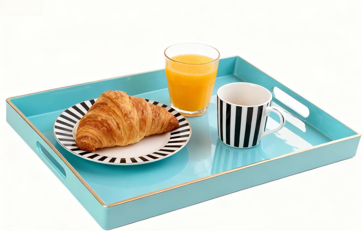 Zosenley Decorative Plastic Serving Tray with Handles, Modern Vanity Organizer for Bathroom, Kitchen, Ottoman and Coffee Table (Blue, Rectangular)