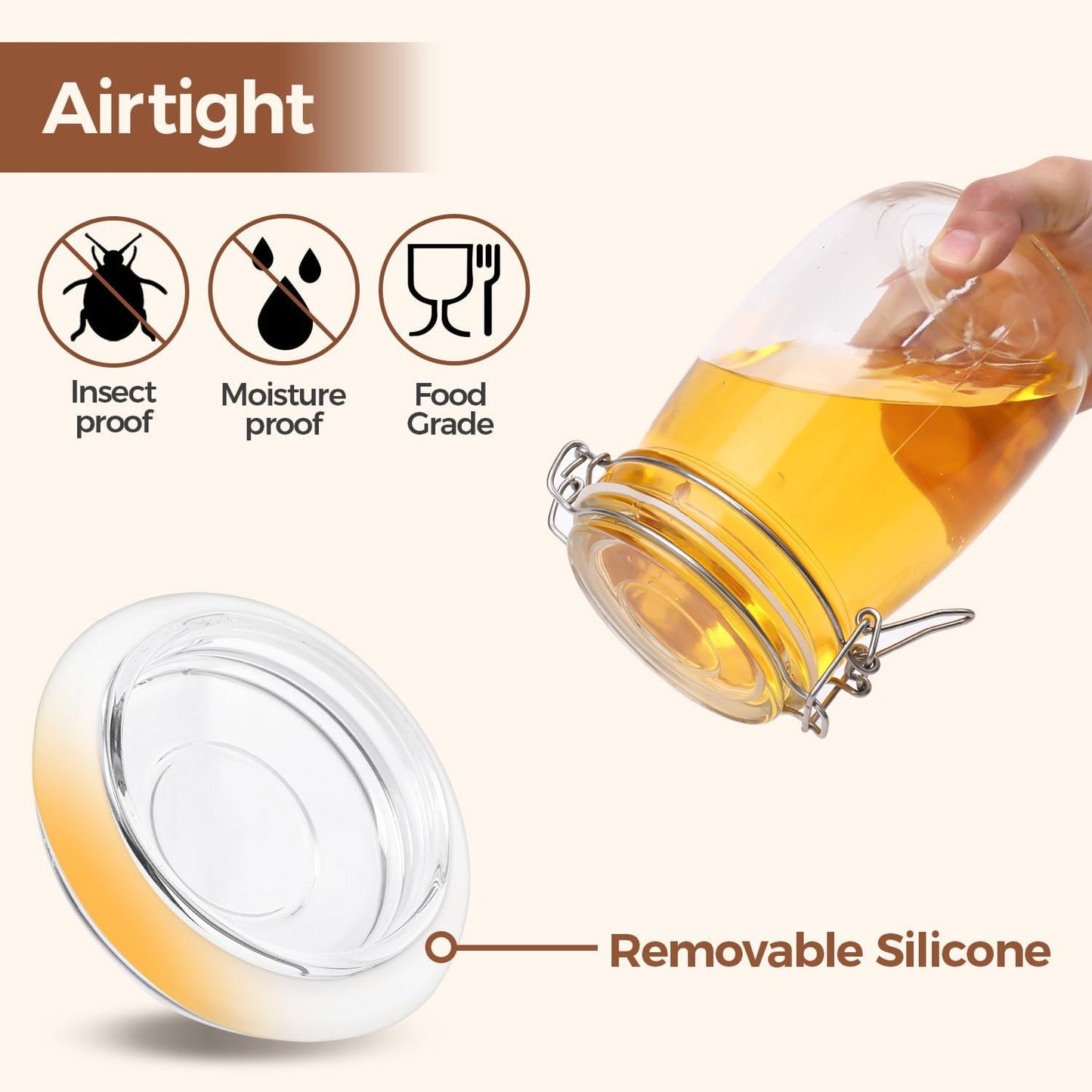 ComSaf Airtight Glass Canister Set of 3 with Lids 34oz Food Storage Jar Round - Storage Container with Clear Preserving Seal Wire Clip Fastening for Kitchen Canning Cereal,Pasta,Sugar,Beans,Spice