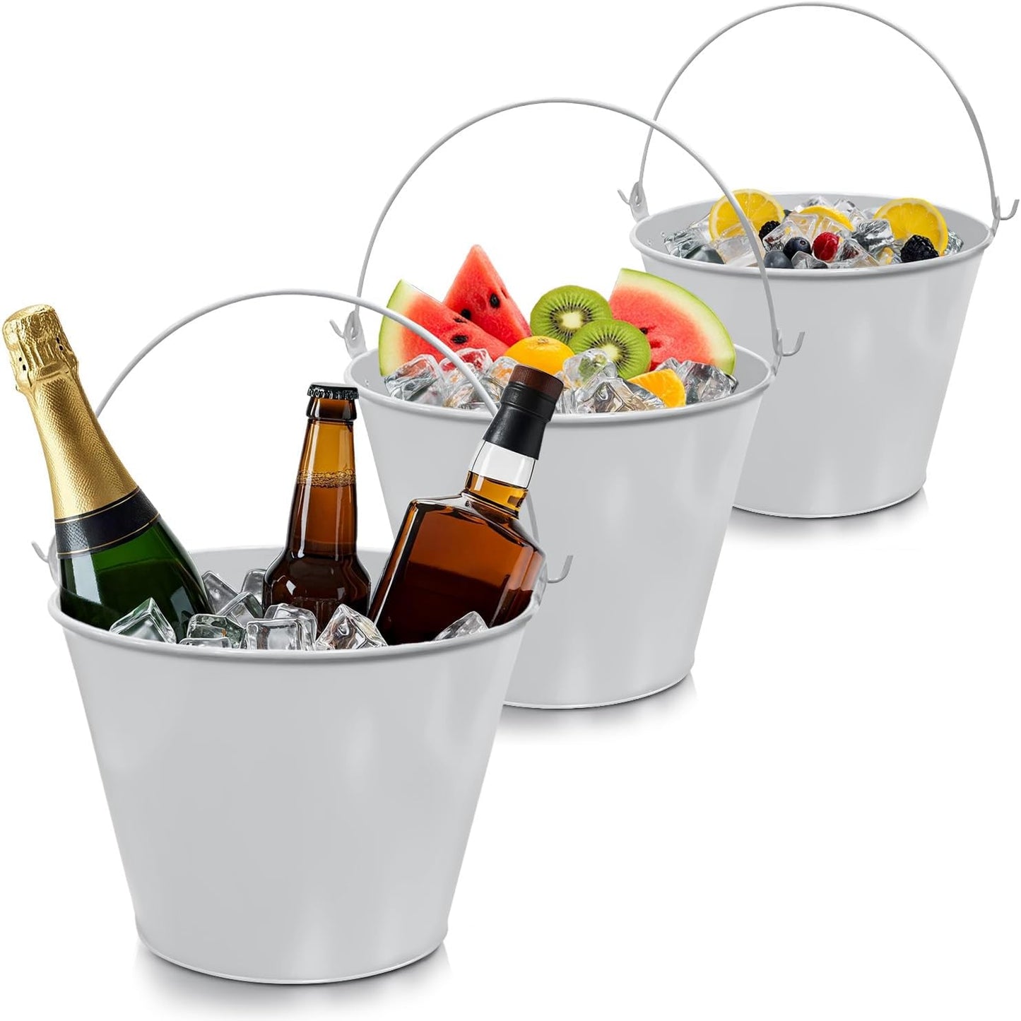 PLEXON Galvanized Metal Ice Bucket for Parties Coctail Bar Restaurant - Drink Beer Champagne Metal Pail Bucket with Handle, Beverage Chiller Cooler Small 1.3 Gallon, Gray, Set of 3