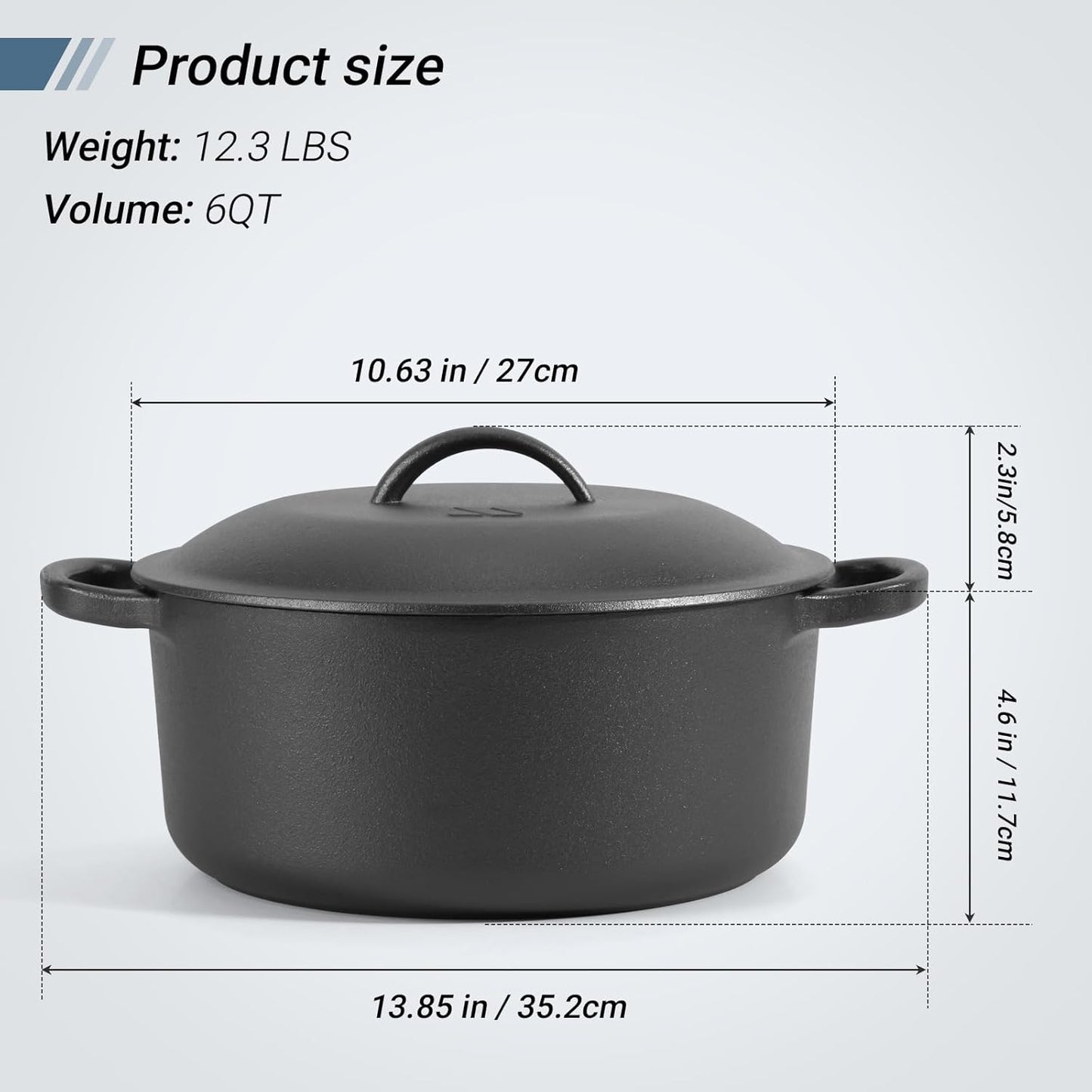 6 QT Basics Cast Iron Dutch Oven Pot with Lid and Dual Handles, Oven Safe up to 500°F Large Cooking Pan,Bread Oven