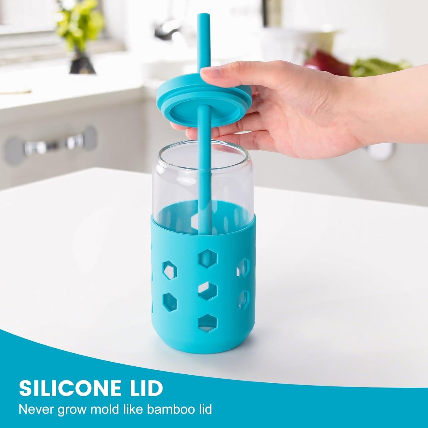 Glass Cups with Lids and Straws (4 Pcs), 16oz Drinking Glasses Set with Silicone Sleeves for Coffee Bar Accessories Iced Coffee Cups with Lids, Glass Tumbler Reusable for Gifts