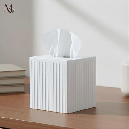 Monarch Abode Tissue Box Cover Square – Handcrafted Ridge Embossed White Metal Tissue Holder Box for Bathroom Accessory, Aesthetic Decorative Facial Napkin Cube for Modern Home Decor