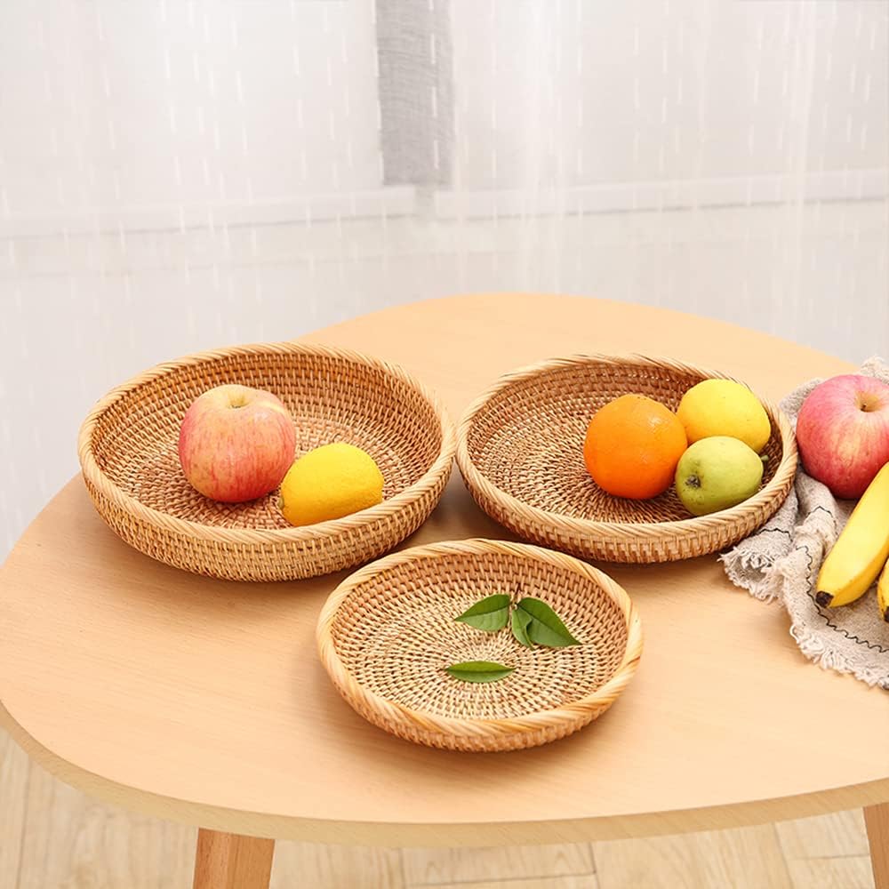 I-lan 3 Pack Round Bread baskets with 2" Wall, 11 Inch Rattan Fruit Basket with Rolled Edge, Decorative Natural Basket Wicker Bowl for Nuts, Candy Catch All Dish, Storage, Coffee Table, Brown, S M L