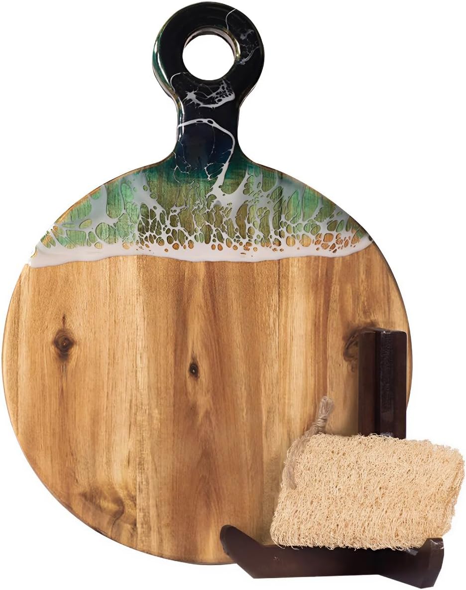 Acacia Wood Serving Board with Ocean Resin Art, 14.6" x 10.2" Charcuterie Cheese Tray for Display & Prep, Cutting Board on Back, Includes Stand & Loofah, Christmas Housewarming Gift (Round)