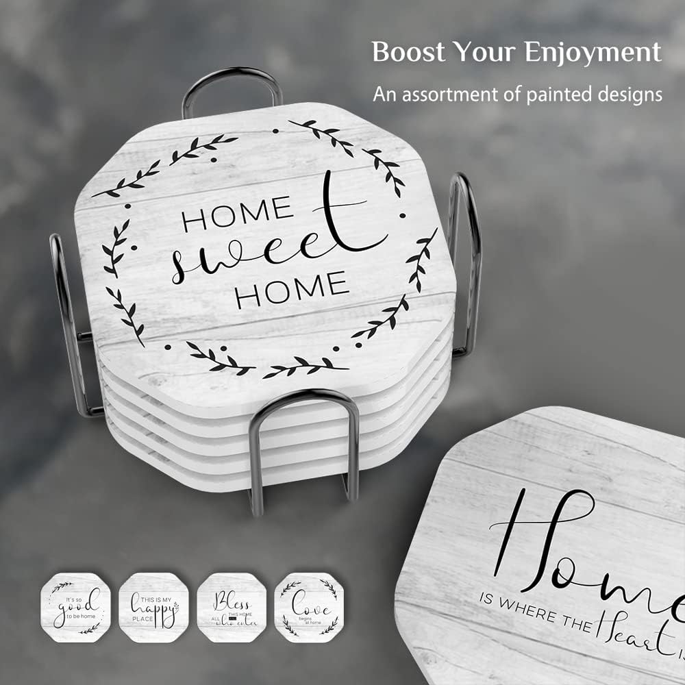 UMIRRO Rustic Farmhouse Coasters for Wooden Table, Modern Ceramic Coasters with Holder for Coffee Table Decor, Housewarming Gifts for New House/Home, Assorted Design, White, 4", 6 Pack