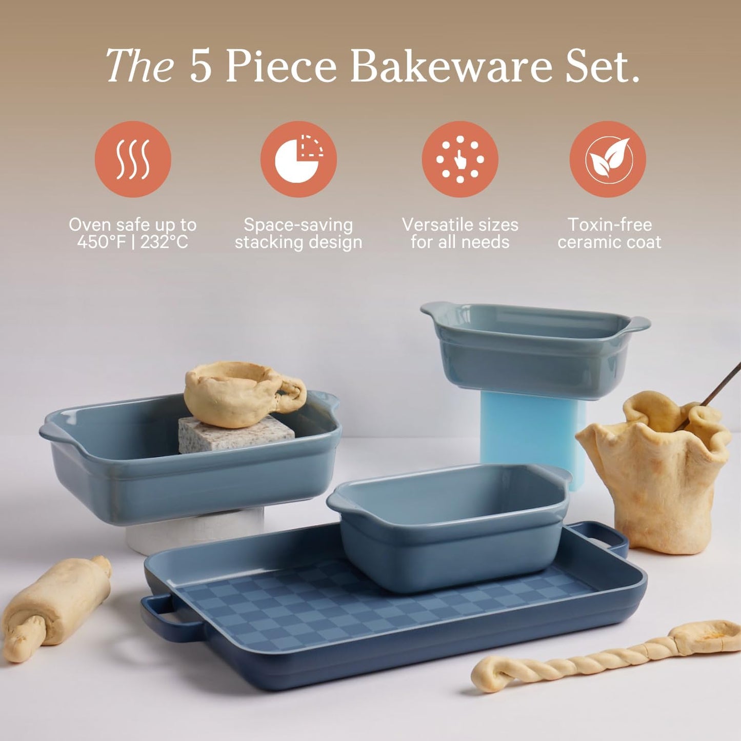 Our Place Bakeware Set | 5-Piece Nonstick, Toxin-Free, Ceramic, Cast Aluminum Set w/Oven Pan, Bakers, & Oven Mat | Space-Saving Nesting Design | Oven-Safe | Bake, Roast, Griddle and more | Blue Salt