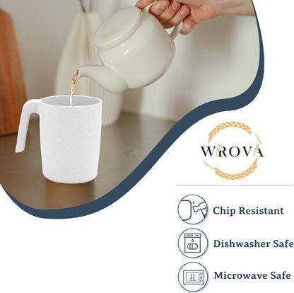 Wrova Wheat Straw Cups with Handles 16oz -Plastic Cups Reusable Set of 6-Unbreakable Coffee Mugs- Microwave & Dishwasher Safe Mug-Ideal Plastic Mugs for Tea,Coffee,Camping,RV-White